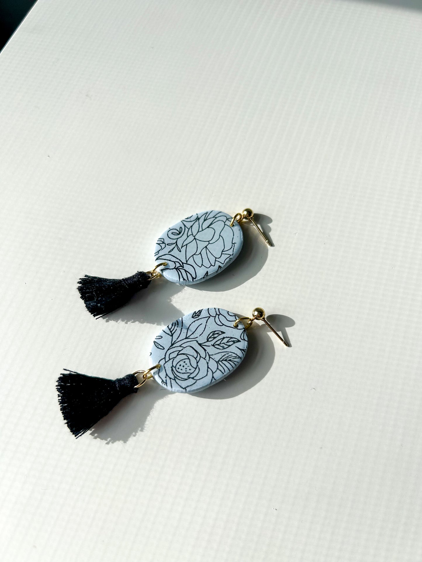 Blue Floral Oval Tassel Dangles