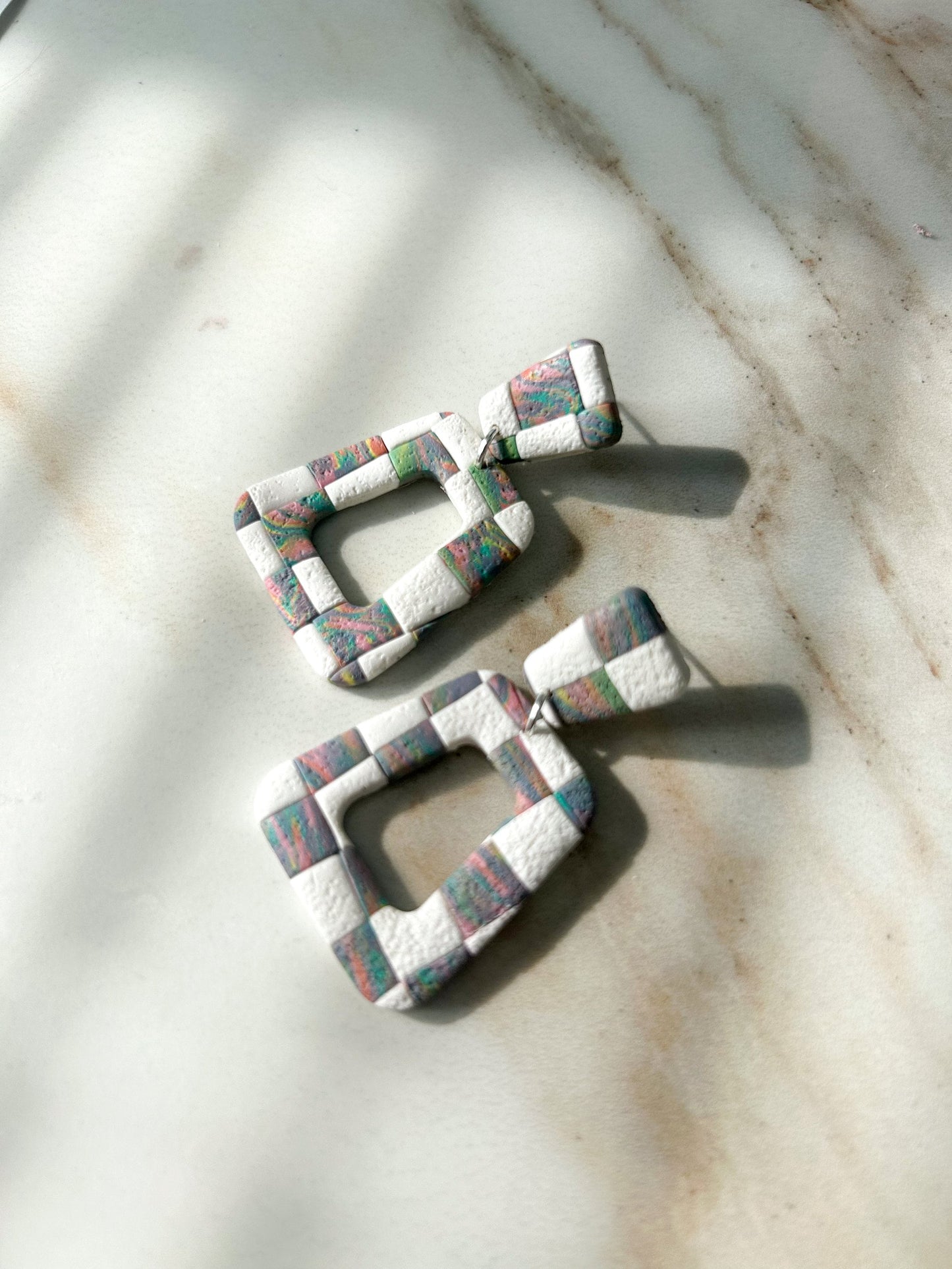 Rainbow Checker Rounded Square Dangles