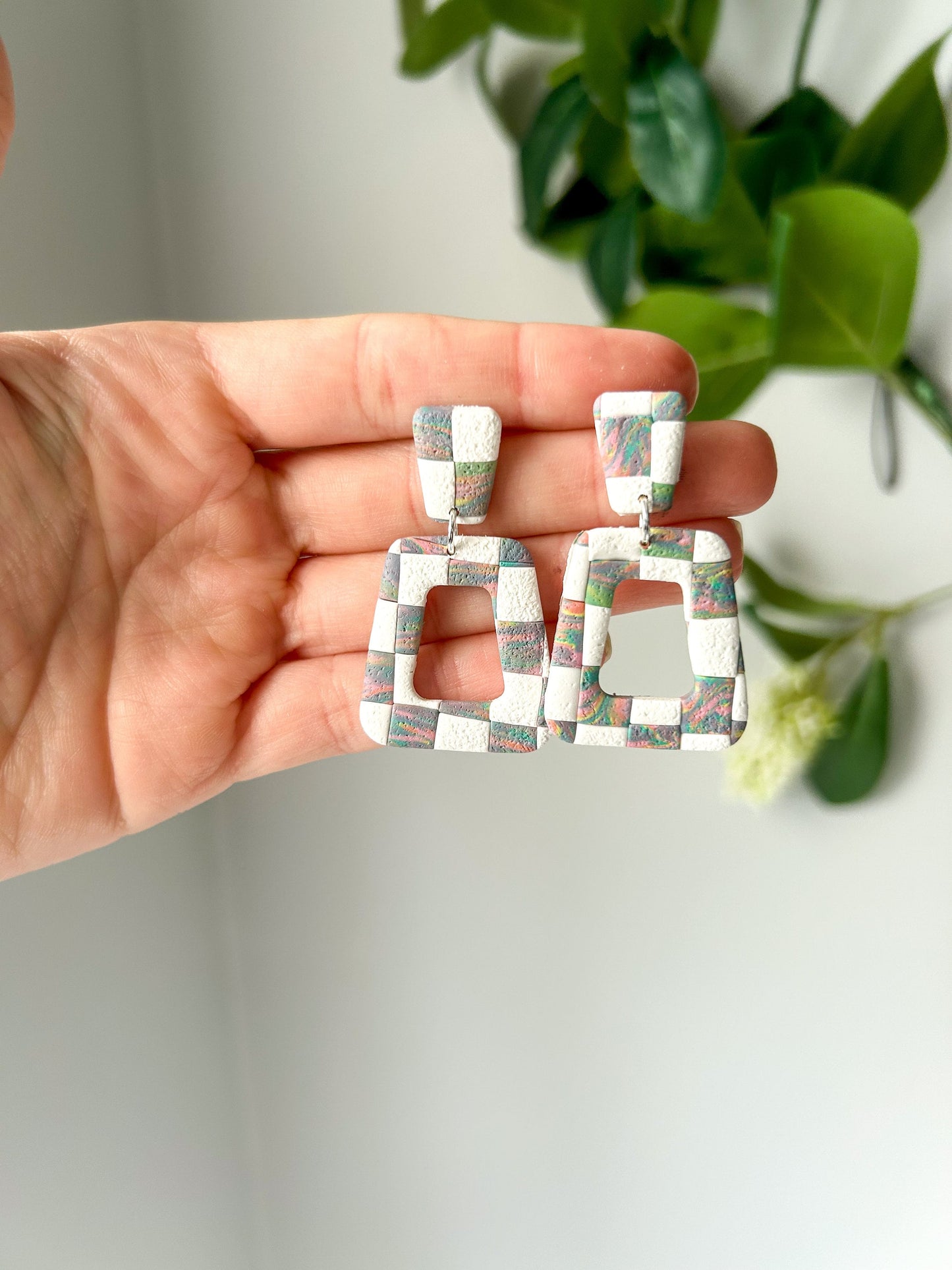 Rainbow Checker Rounded Square Dangles