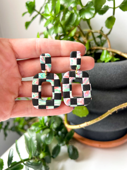 Tie Dye Checker Square Dangles