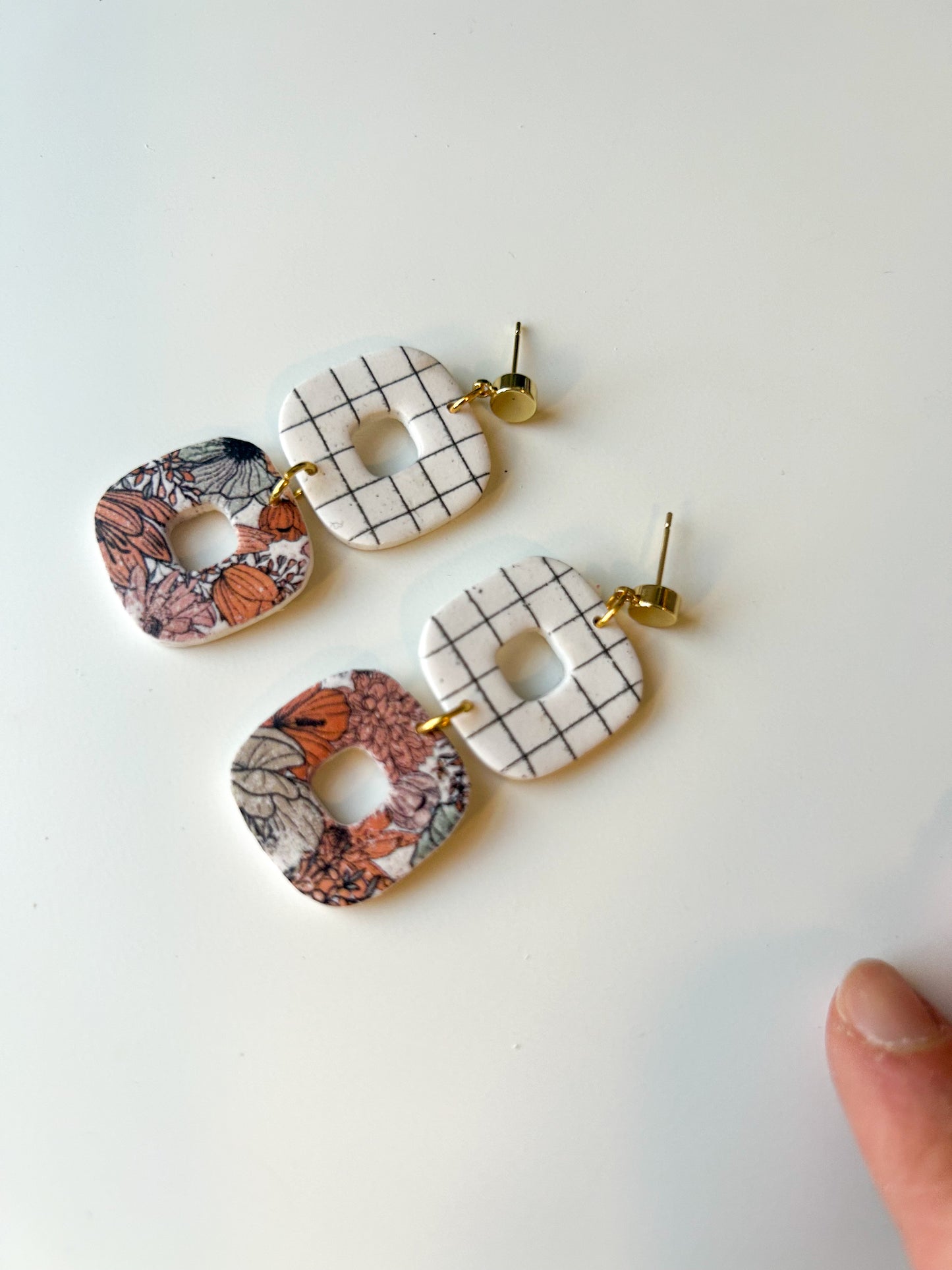 Antique Floral and Grid Double Donut Dangles