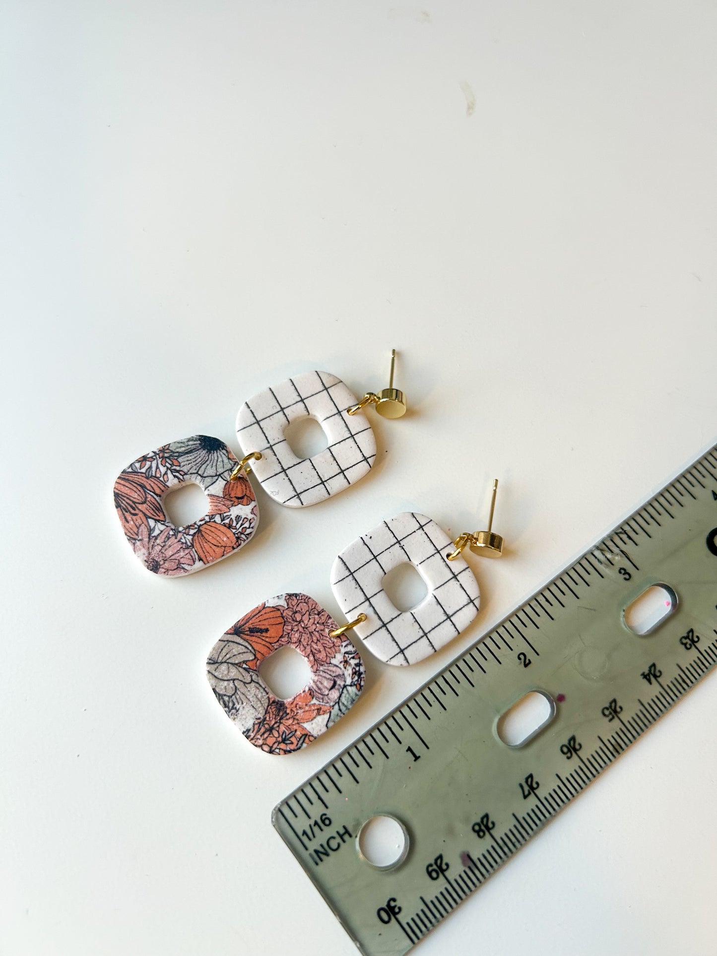 Antique Floral and Grid Double Donut Dangles