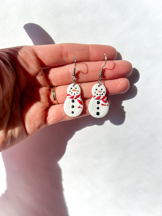 Snowman-shaped earrings held in a hand against a white background