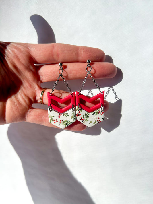 Hand holding a pair of earrings with red and green mistletoe designs on a white background