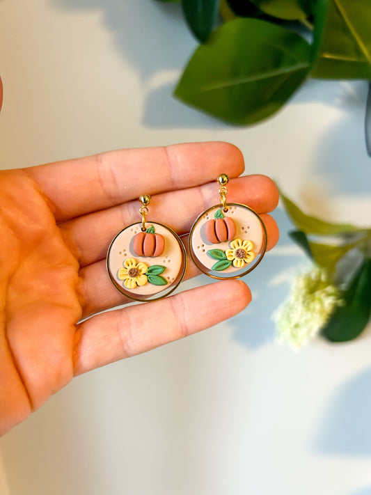 Pumpkin Sunflower One Inch Dangles- Nude clay