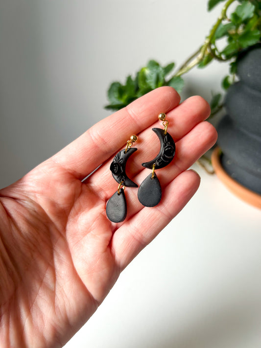 Black Floral Moon Dangles