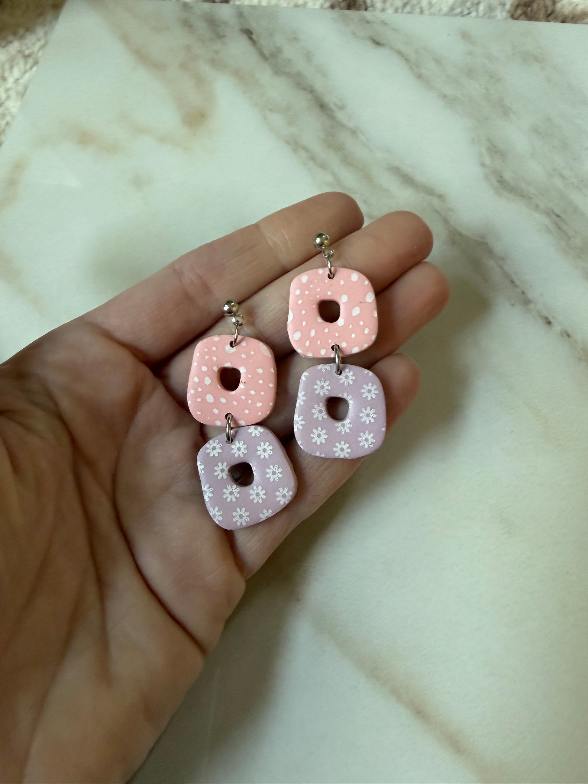 Pink and purple pastel earrings. Hypoallergenic stainless steel ball posts. 