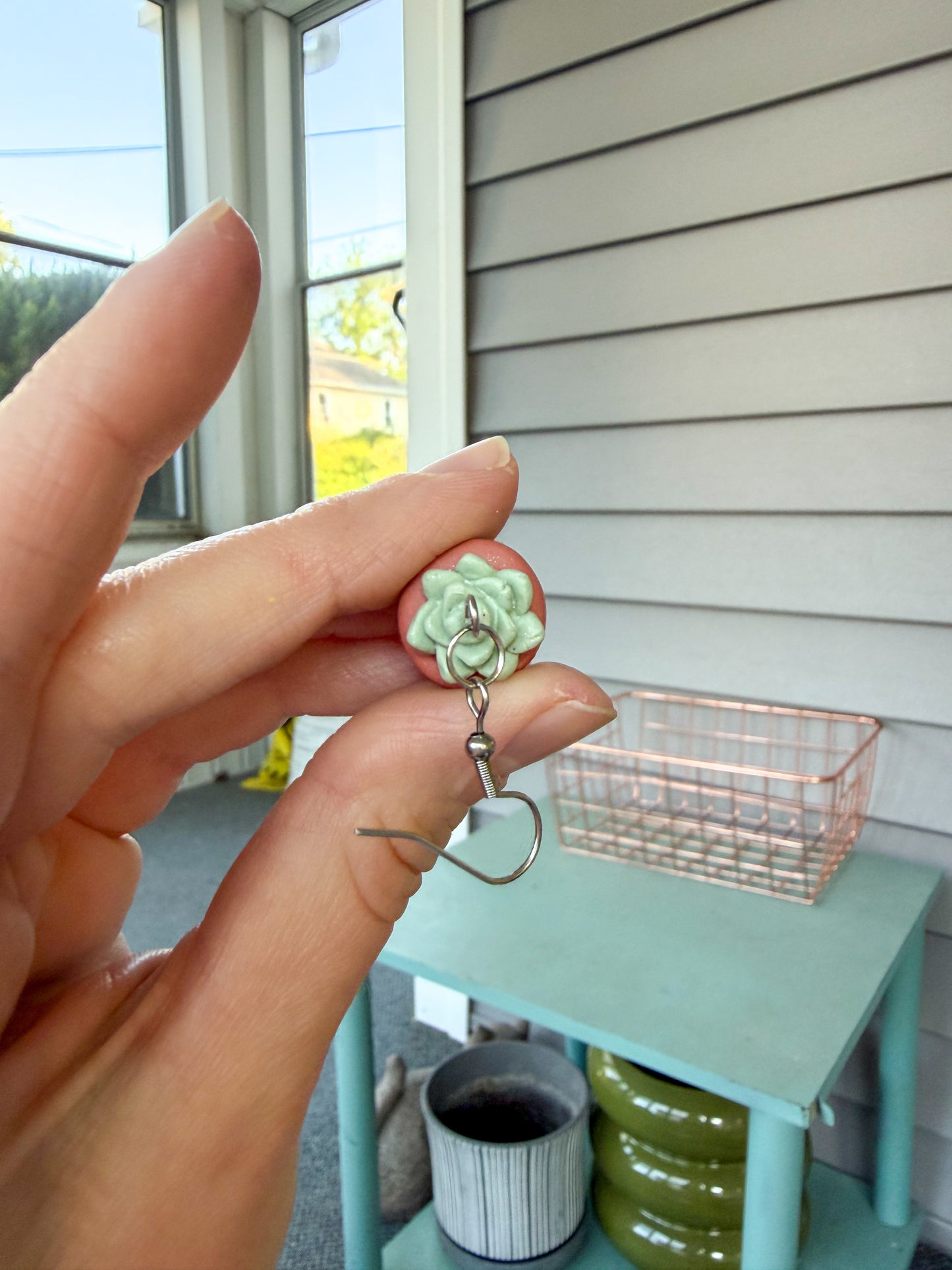 Hand holding a small cactus earring in front of a window.