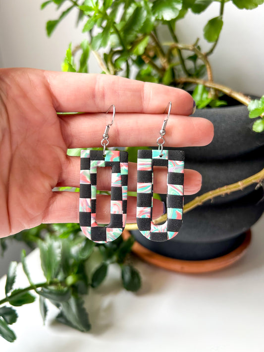 Tie Dye Checker Cutout Scoop Dangles